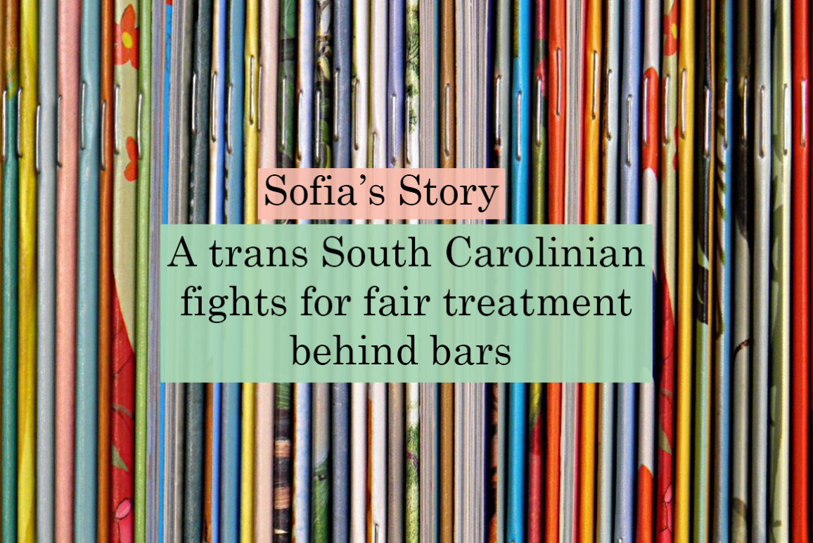 "Sofia's Story: A trans South Carolinian fights for fair treatment behind bars." Text appears over a photo of the spines of small colorful books