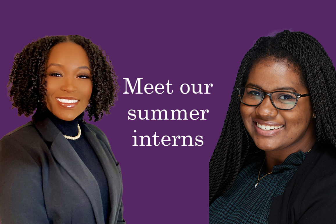 "Meet our summer interns." Text appears on a purple background with cutout professional headshots of the interns.