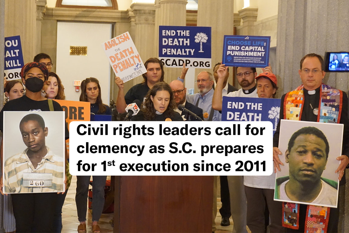 Photo of an anti-death penalty press conference. Text reads, "Civil rights leaders call for clemency as S.C. prepares for 1st execution since 2011"