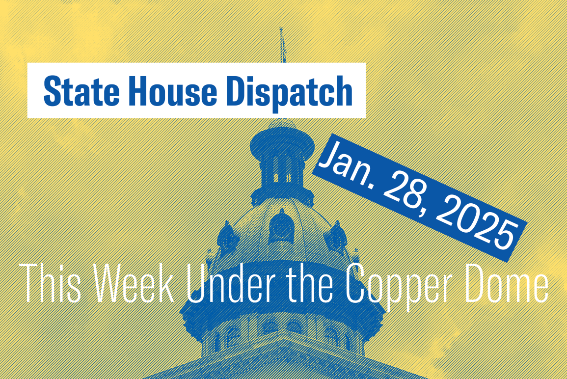 "State House Dispatch: Jan. 28, 2025. This Week Under the Copper Dome." Text appears over a yellow and blue stylized image of the South Carolina State House dome.