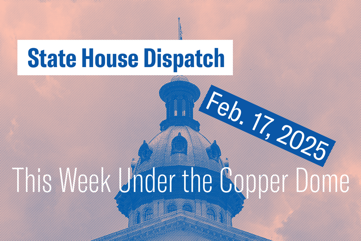 "State House Dispatch: Feb. 17, 2025. This Week Under the Copper Dome." Text appears over a pink and blue-tinted image of the South Carolina State House dome.