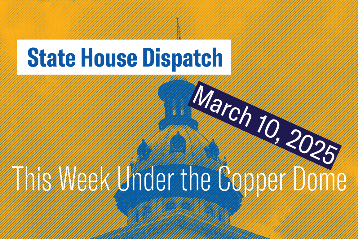 "State House Dispatch: March 10, 2025. This Week Under the Copper Dome." Text appears over a yellow-tinted image of the South Carolina State House dome.