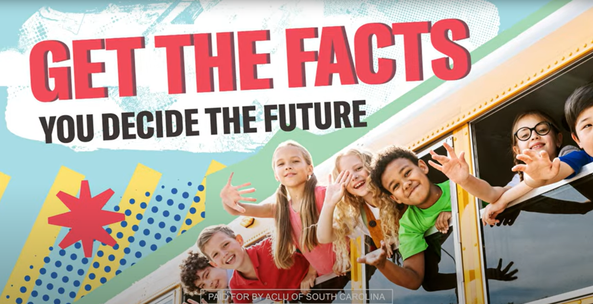 "Get the facts. You decide the future." Text appears over a photo of children waving out of the windows of a school bus.