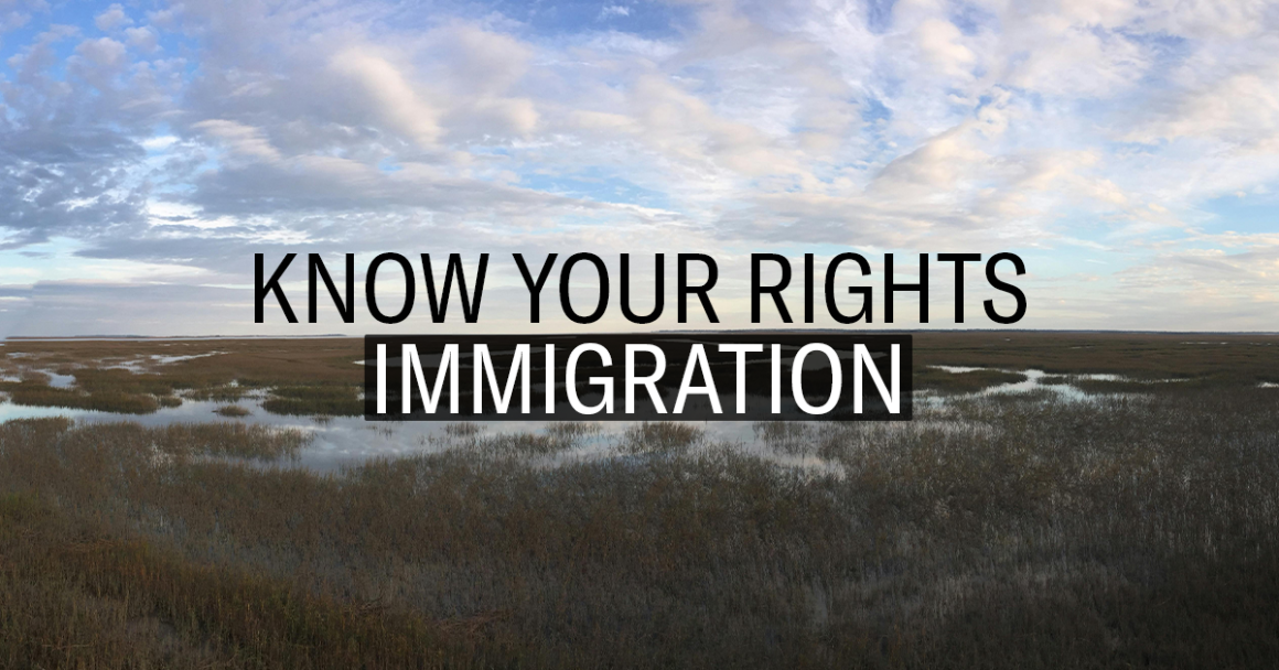 "Know Your Rights: Immigration." Text appears over a landscape photo of marshland under a clouded blue sky.