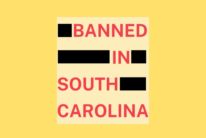 Red text reads, "Banned in South Carolina," interspersed with black redaction bars