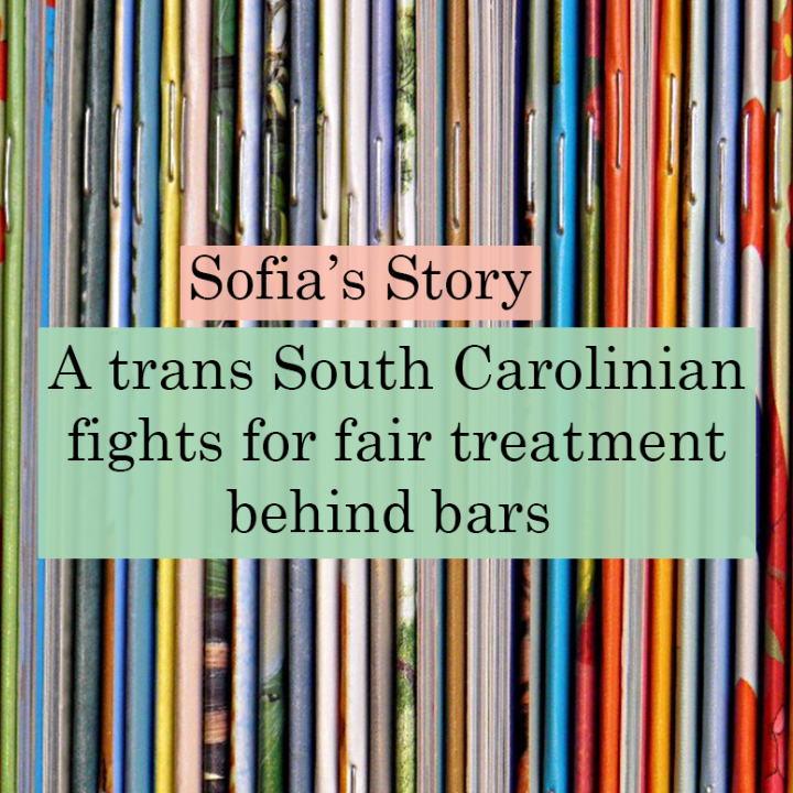 "Sofia's Story: A trans South Carolinian fights for fair treatment behind bars." Text appears over a photo of the spines of small colorful books
