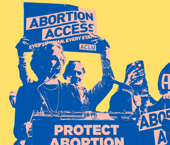 Blue and yellow image of protesters holding signs that read Protect Abortion, Abortion Access, and Keep Abortion Legal